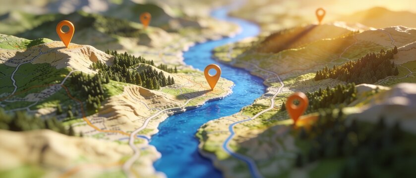 Isometric 3D map illustration showing global connectivity with highlighted locations under warm sunlight