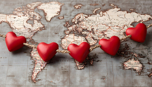 Red hearts connected by string over world map symbolizing global love, unity, and connection