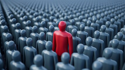 Obraz premium Leadership concept with red figure standing among grey crowd representing individuality