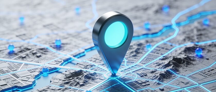 Futuristic glowing location pin on digital network map with abstract terrain background