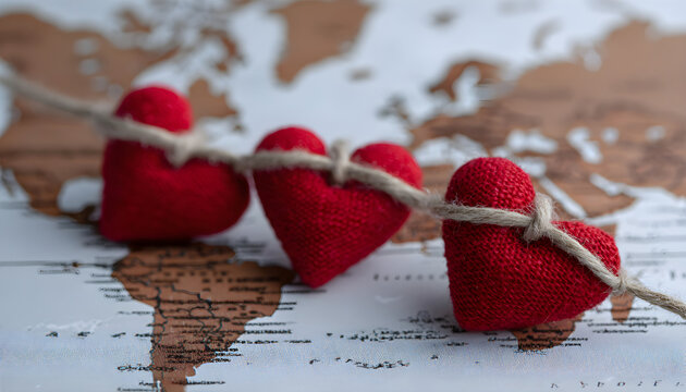 Red hearts connected by string over world map symbolizing global love, unity, and connection