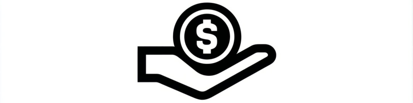 Minimalist hand holding dollar coin line icon isolated on white background, money investment vector, Simple black money in hand line art icon, financial savings and charity concept symbol.