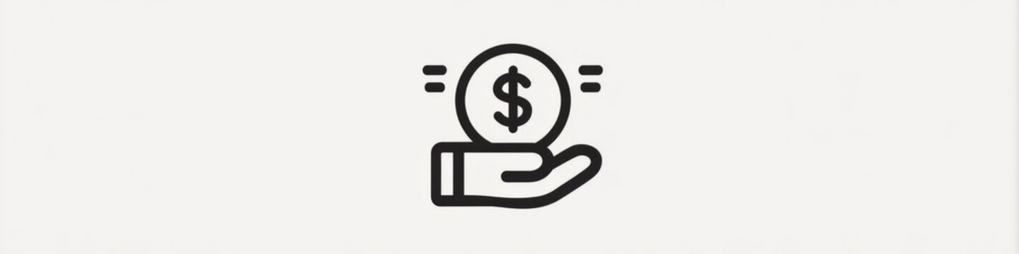 Minimalist hand holding dollar coin line icon isolated on white background, money investment vector, Simple black money in hand line art icon, financial savings and charity concept symbol.