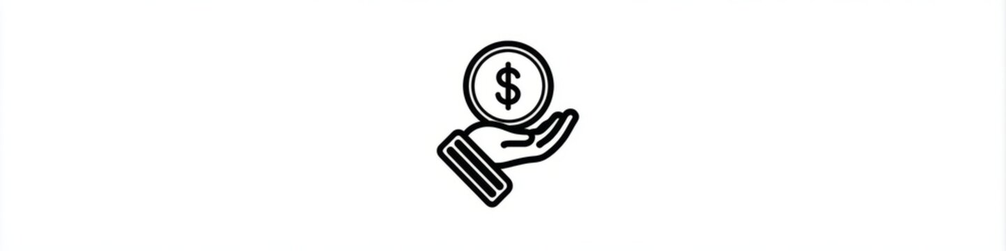 Minimalist hand holding dollar coin line icon isolated on white background, money investment vector, Simple black money in hand line art icon, financial savings and charity concept symbol.