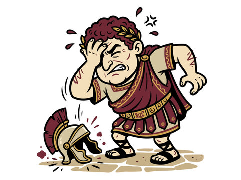 Frustrated Roman soldier with fallen helmet cartoon.