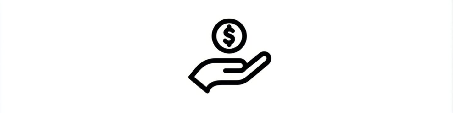 Minimalist hand holding dollar coin line icon isolated on white background, money investment vector, Simple black money in hand line art icon, financial savings and charity concept symbol.