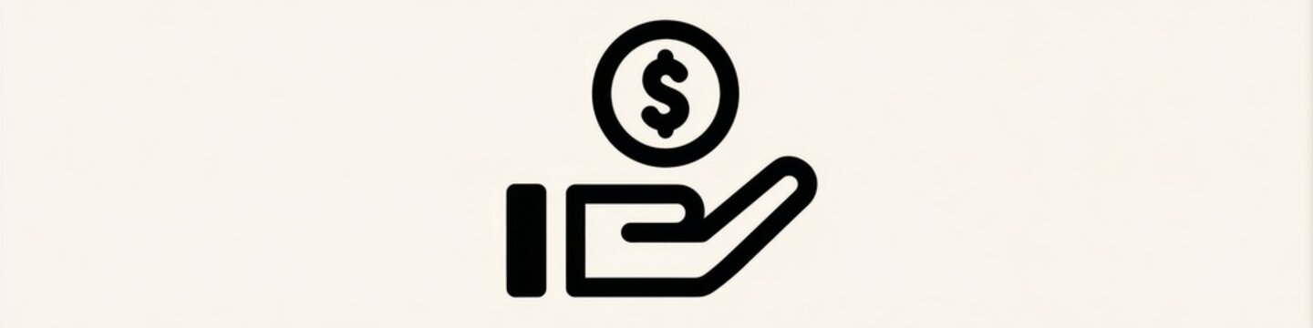 Minimalist hand holding dollar coin line icon isolated on white background, money investment vector, Simple black money in hand line art icon, financial savings and charity concept symbol.
