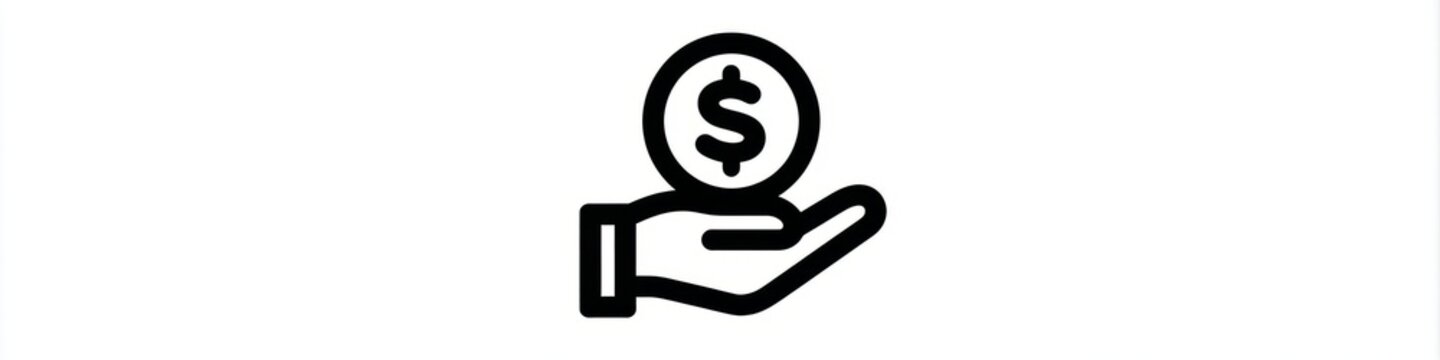 Minimalist hand holding dollar coin line icon isolated on white background, money investment vector, Simple black money in hand line art icon, financial savings and charity concept symbol.