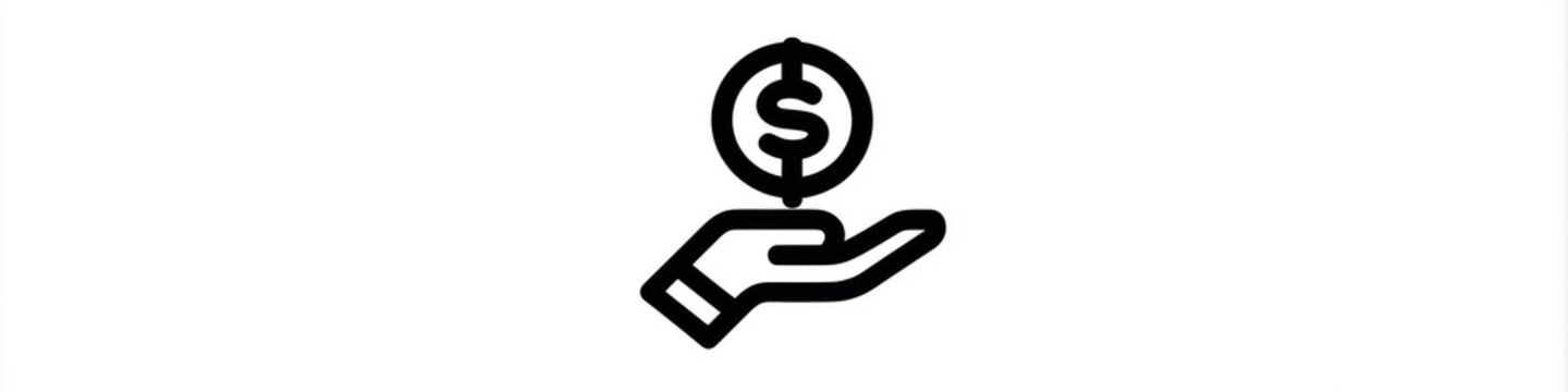 Minimalist hand holding dollar coin line icon isolated on white background, money investment vector, Simple black money in hand line art icon, financial savings and charity concept symbol.