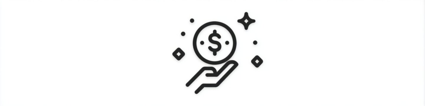 Minimalist hand holding dollar coin line icon isolated on white background, money investment vector, Simple black money in hand line art icon, financial savings and charity concept symbol.