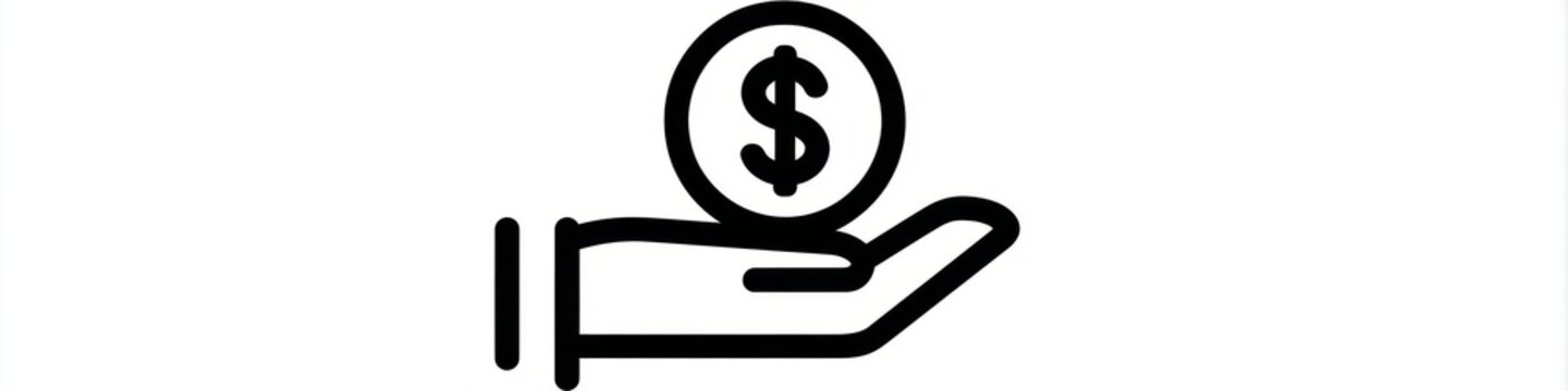 Minimalist hand holding dollar coin line icon isolated on white background, money investment vector, Simple black money in hand line art icon, financial savings and charity concept symbol.