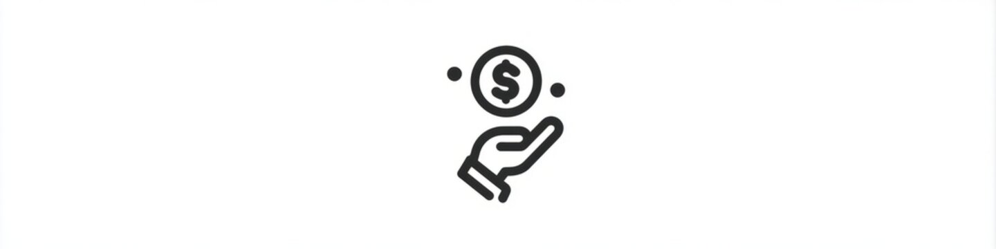 Minimalist hand holding dollar coin line icon isolated on white background, money investment vector, Simple black money in hand line art icon, financial savings and charity concept symbol.