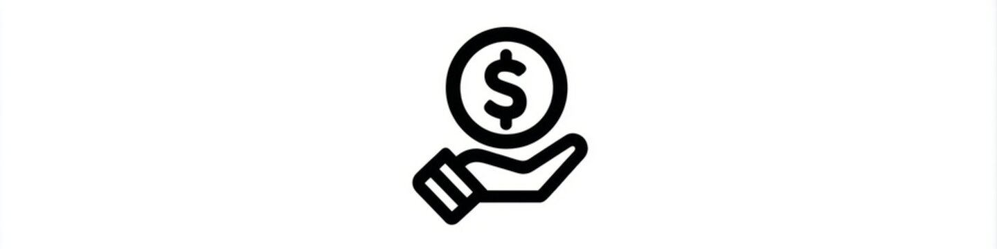 Minimalist hand holding dollar coin line icon isolated on white background, money investment vector, Simple black money in hand line art icon, financial savings and charity concept symbol.