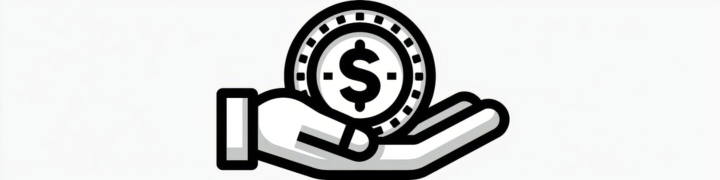 Minimalist hand holding dollar coin line icon isolated on white background, money investment vector, Simple black money in hand line art icon, financial savings and charity concept symbol.
