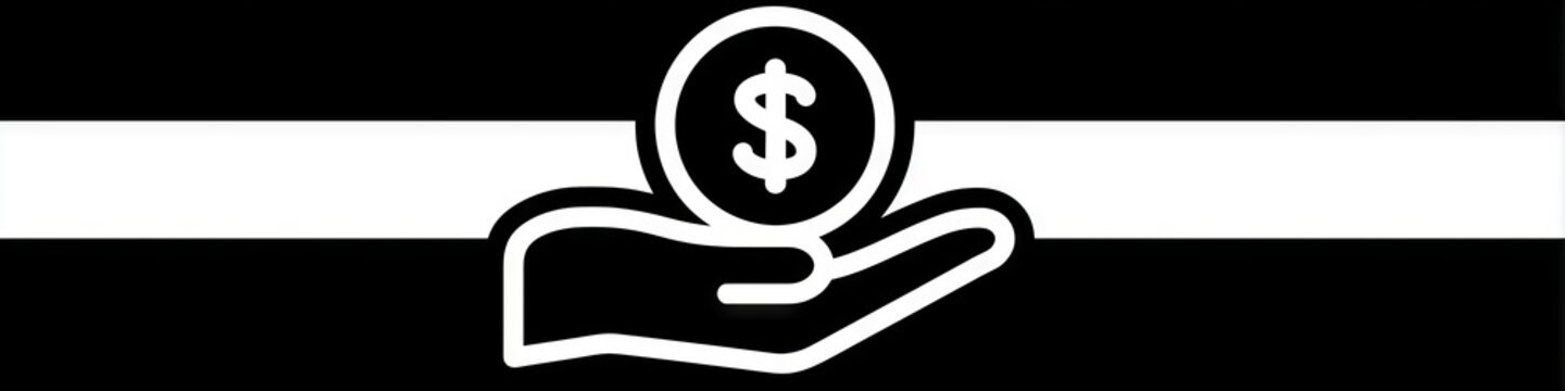 Minimalist hand holding dollar coin line icon isolated on white background, money investment vector, Simple black money in hand line art icon, financial savings and charity concept symbol.