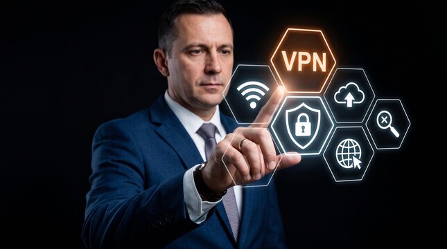 Professional businessman in a blue suit interacting with a glowing digital vpn security interface panel