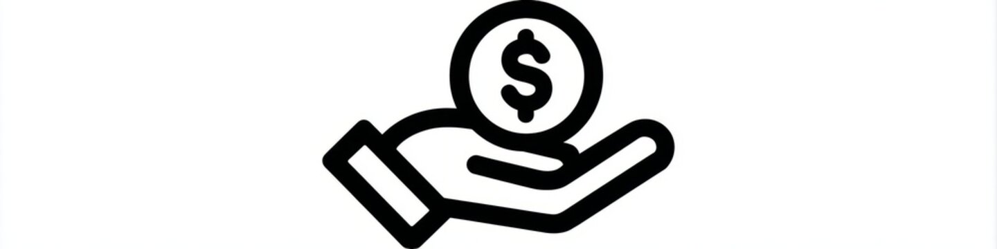 Minimalist hand holding dollar coin line icon isolated on white background, money investment vector, Simple black money in hand line art icon, financial savings and charity concept symbol.