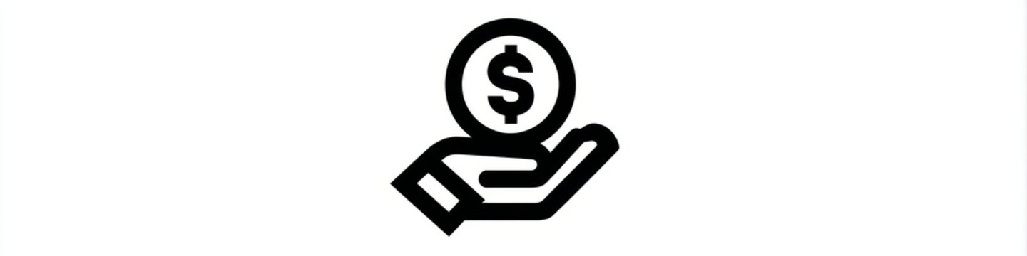 Minimalist hand holding dollar coin line icon isolated on white background, money investment vector, Simple black money in hand line art icon, financial savings and charity concept symbol.