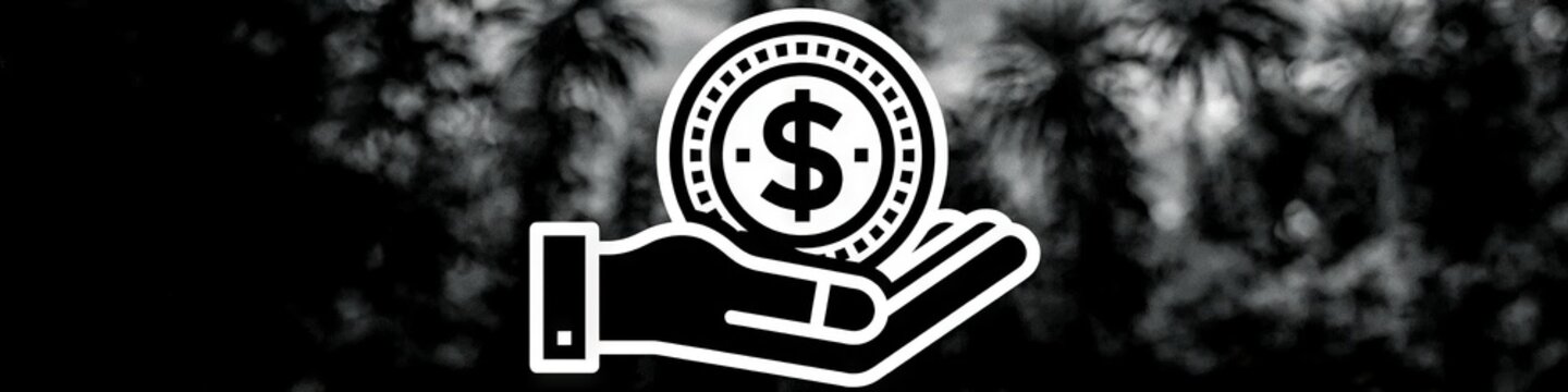 Minimalist hand holding dollar coin line icon isolated on white background, money investment vector, Simple black money in hand line art icon, financial savings and charity concept symbol.