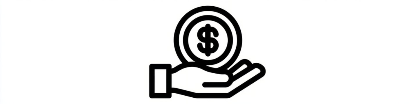 Minimalist hand holding dollar coin line icon isolated on white background, money investment vector, Simple black money in hand line art icon, financial savings and charity concept symbol.