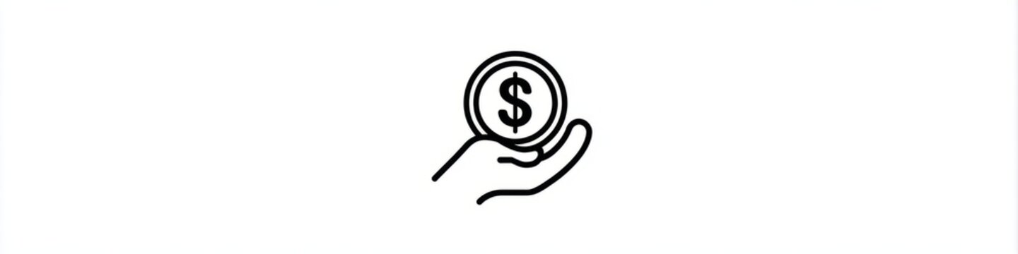 Minimalist hand holding dollar coin line icon isolated on white background, money investment vector, Simple black money in hand line art icon, financial savings and charity concept symbol.