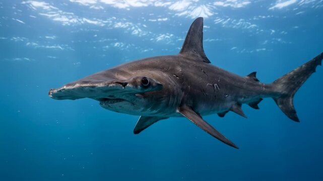 great hammerhead shark close up underwater in bahamas ocean morning light video