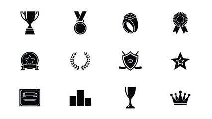 Naklejka premium Achievement icons set featuring trophy medal crown and award symbols in minimalist black design with displays collection twelve distinct prestige through symbols trophies