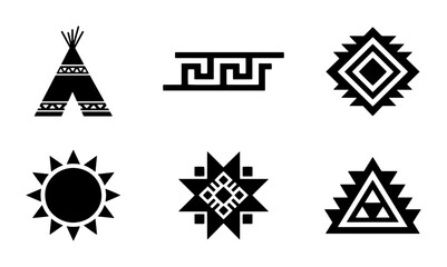 70 Native American Tribal Icons Set, Indigenous Geometric Patterns, Teepee Sun Symbols, Black and White Vector Graphics for Cultural Design 100 © Rudro