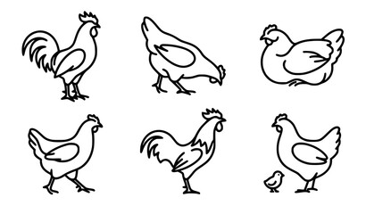 Fototapeta premium Minimalist Black and White Chicken Line Art Vector Icons Modern Poultry Silhouette Graphic Design Assets