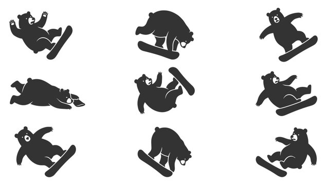 Set of black silhouette bears snowboarding in various dynamic active poses