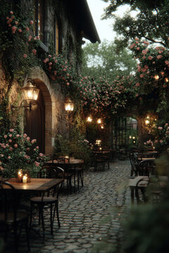 Spring Summer outdoor leisure relaxation activity. A detailed, atmospheric portrayal of an outdoor cafe or restaurant. The scene features a rustic stone building with a wooden door and windows.
