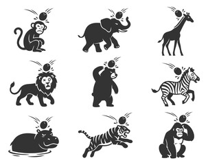 Collection of black silhouette animals hit by falling coconuts on their heads © Vecto_Pixels