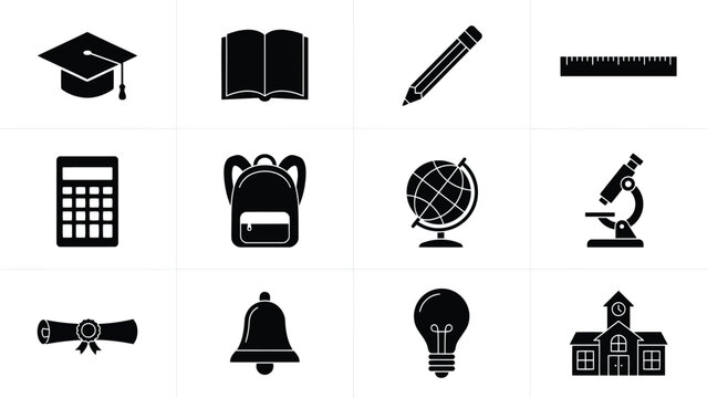 Educational icons set featuring academic symbols and tools for learning materials with arranged clean grid layout modern flat design style high contrast clarity