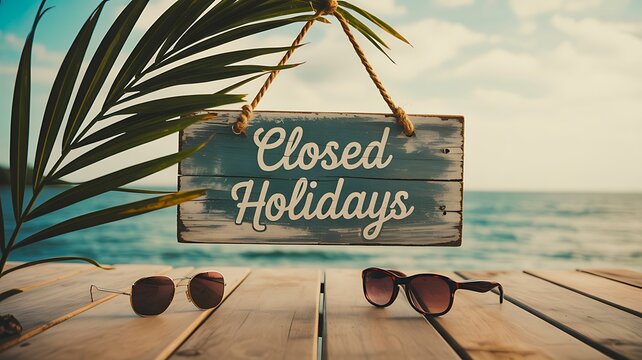 Closed holidays wooden sign on tropical beach with sunglasses and summer vacation concept