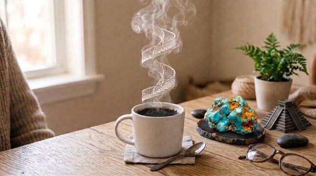 Surreal Coffee Mug with Spiral Staircase Steam and Turquoise Crystal