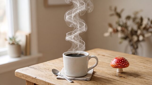 Whimsical Coffee Cup with Spiral Staircase Steam and Mushroom Decor