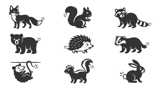 Set of upset forest animals with smoking tails in black and white illustration