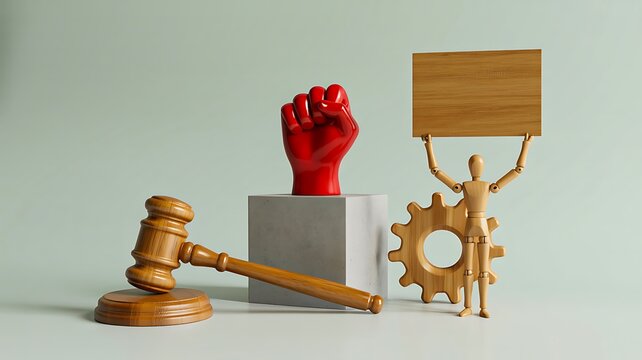 Human rights justice concept with red raised fist wooden figures and judge gavel