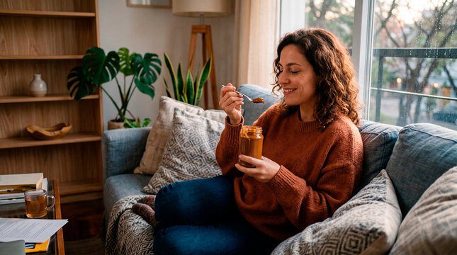 Woman enjoys a spoonful of sweet spread from a jar while relaxing on a couch