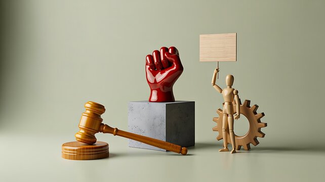 Human rights concept with raised red fist, justice gavel and wooden figures with gear symbol
