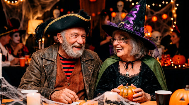 Elderly couple in costumes enjoying a Halloween party