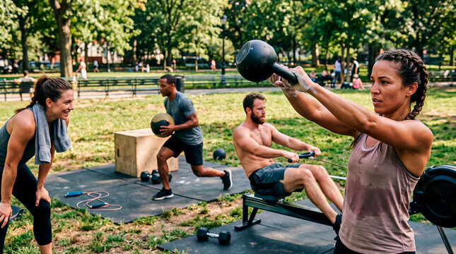 Diverse group of people engaged in outdoor fitness training in a park setting