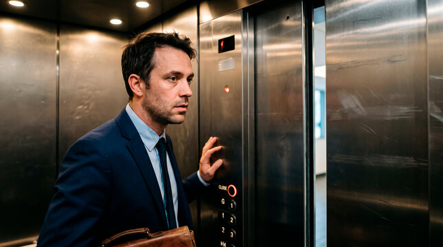 Businessman in an elevator inside a modern building