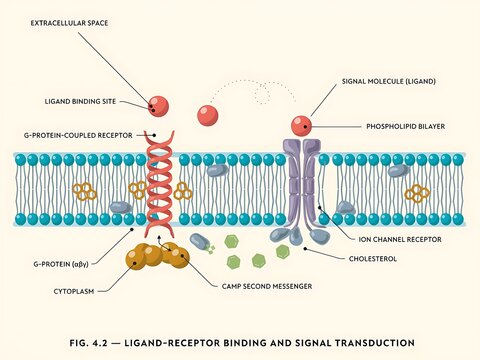 Illustration of ligand receptor binding and signal transduction in cell membrane