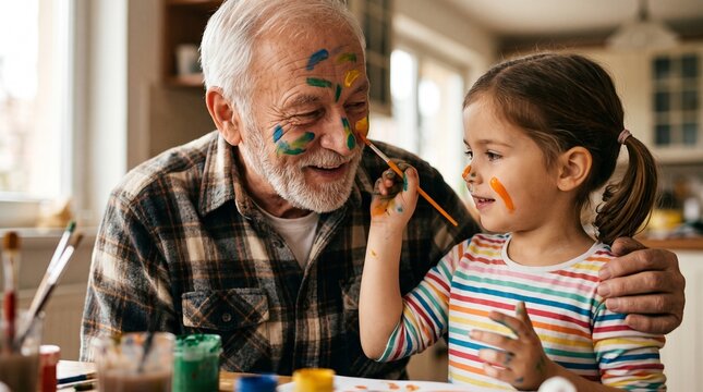 Grandfather and granddaughter painting faces together indoors with colorful paints