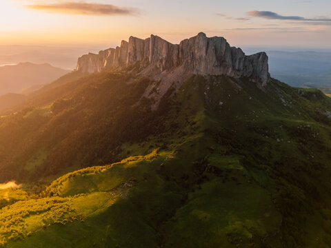 Drone view of national park Bolshoy Tkhach mountain in Caucasus with sunset tones