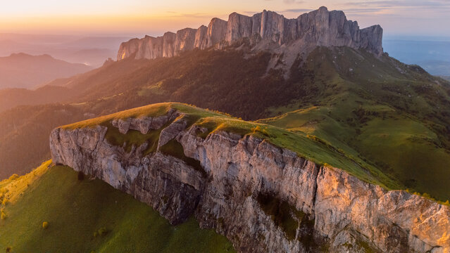 National park Bolshoy Tkhach with dolomite mountains and sunset, aerial view