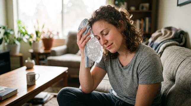 Woman with curly hair applying ice pack to forehead while sitting on couch