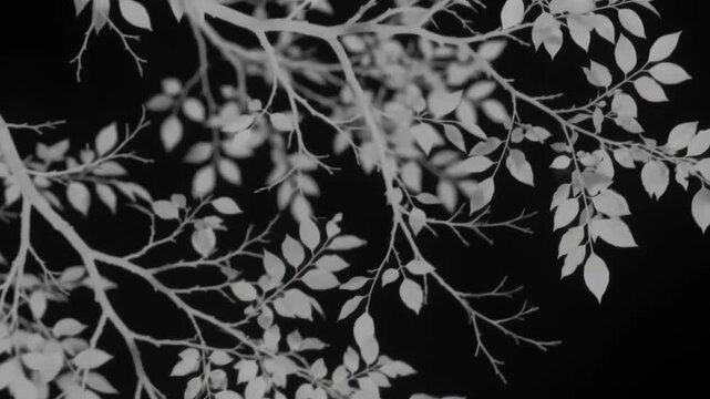 White tree branch shadow gently swaying on black background.