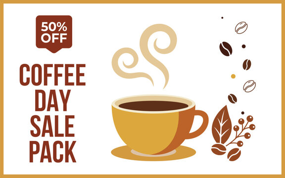 International Coffee Day Sale Banner with 50% Off Badge, Coffee Cup, Beans and Flat Promotional Vector